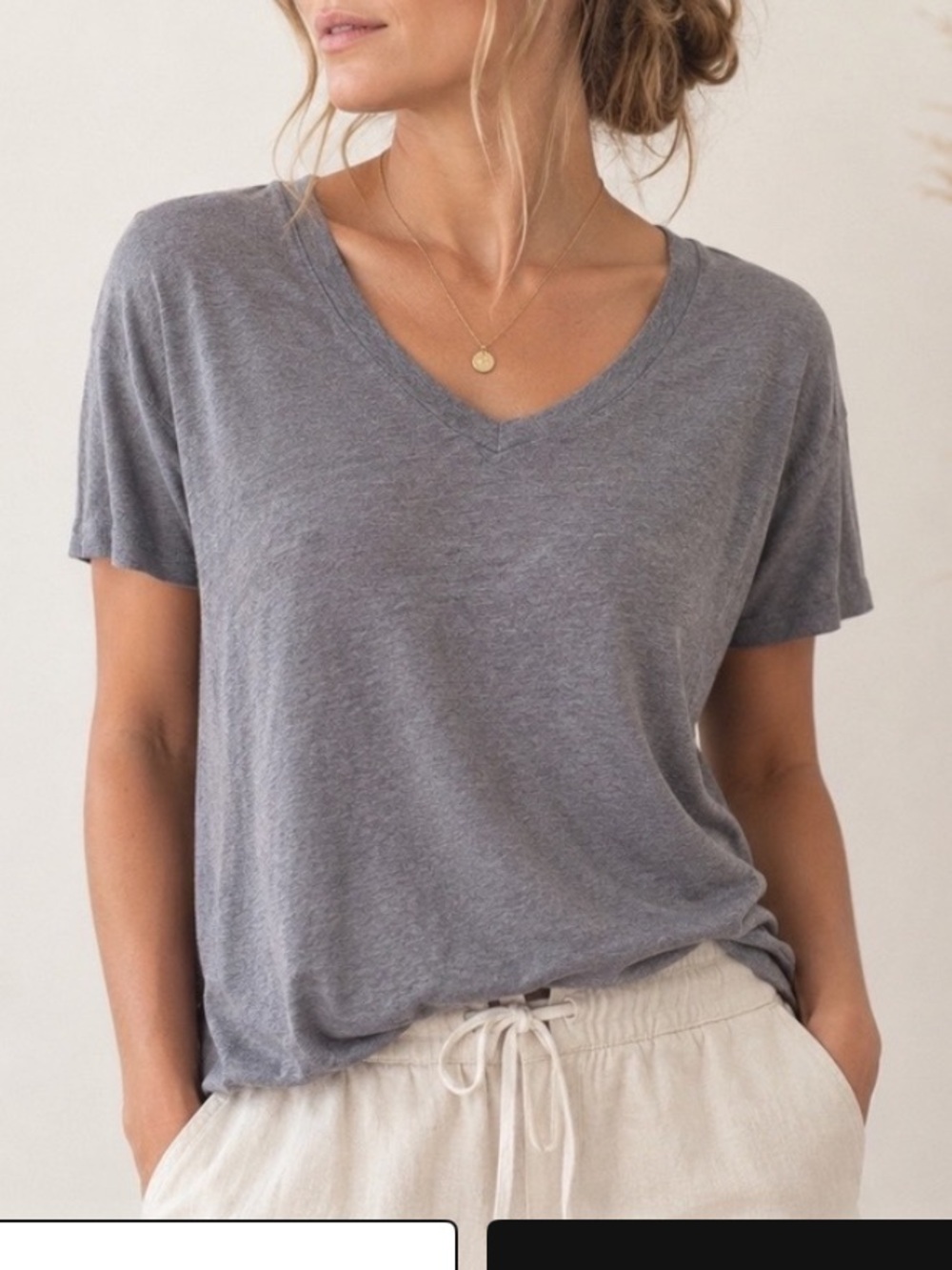 Faherty Women’s Linen V-Neck Dusty Slate Blue Short Sleeve Tee Size Medium